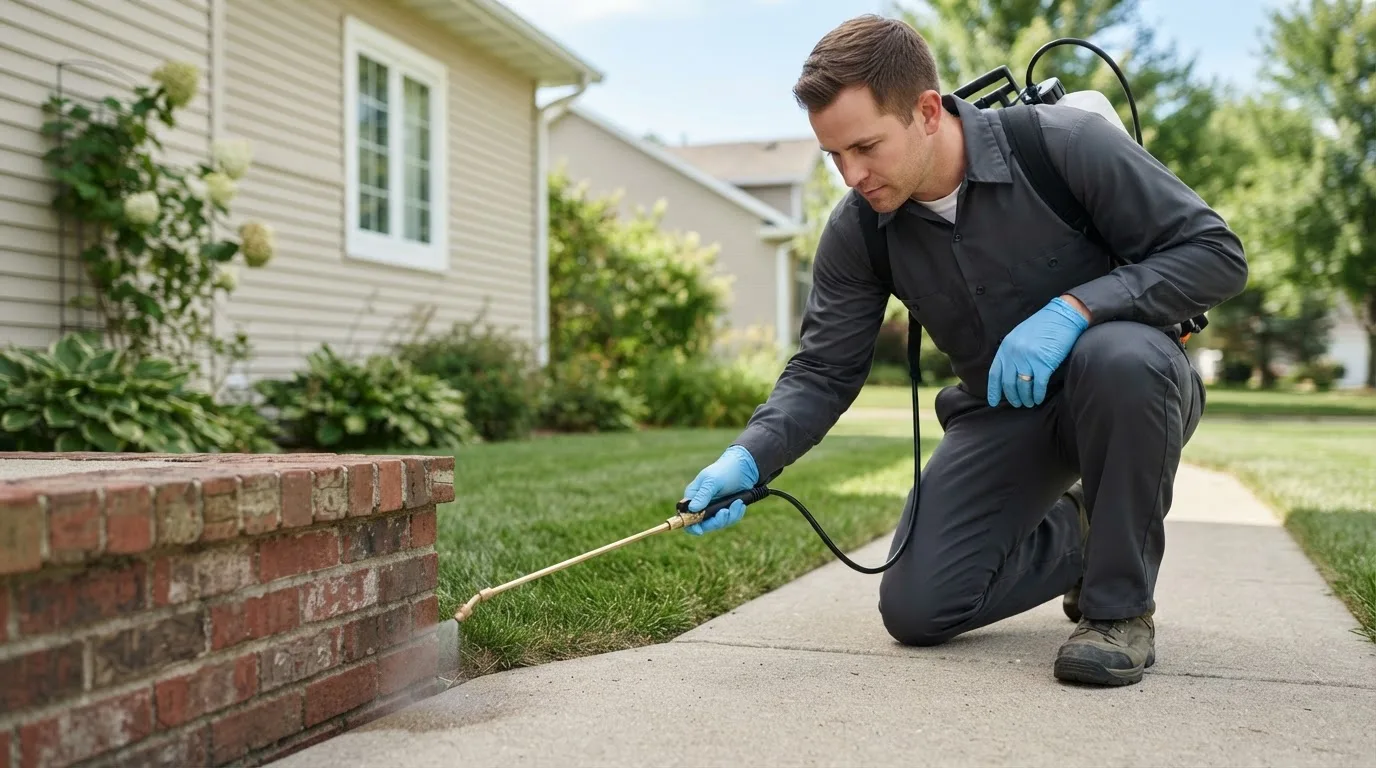 Pest control technician treating a home near Pottsboro, TX